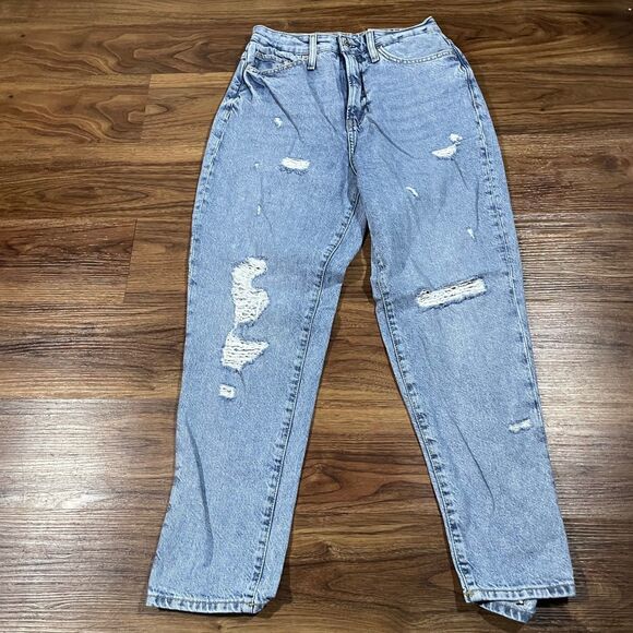 H&M &Denim Mom Ultra High Waist Jeans Blue Distressed Skinny Pants Womens Size 6 - Picture 1 of 8